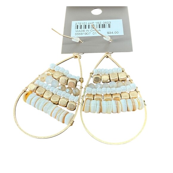 J. Jill Gold Tone Beaded Teardrop Earrings Dangle Drop White Cream Neutral Boho - Picture 6 of 9
